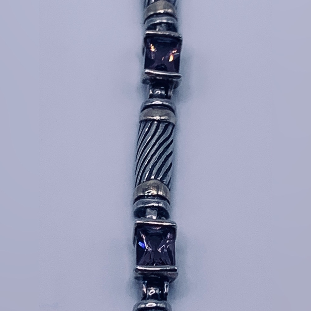 Bold Sterling Silver w/Faceted Emerald Cut Amethyst’s & Gold Accents Bracelet - Picture 10 of 16